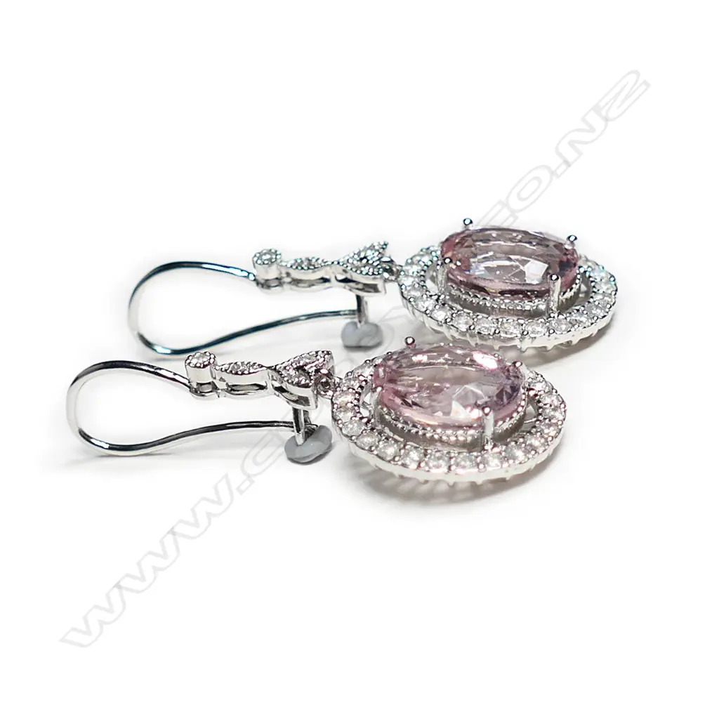 A pair of 14ct white gold morganite and diamond antique style halo drop earrings Image 1++