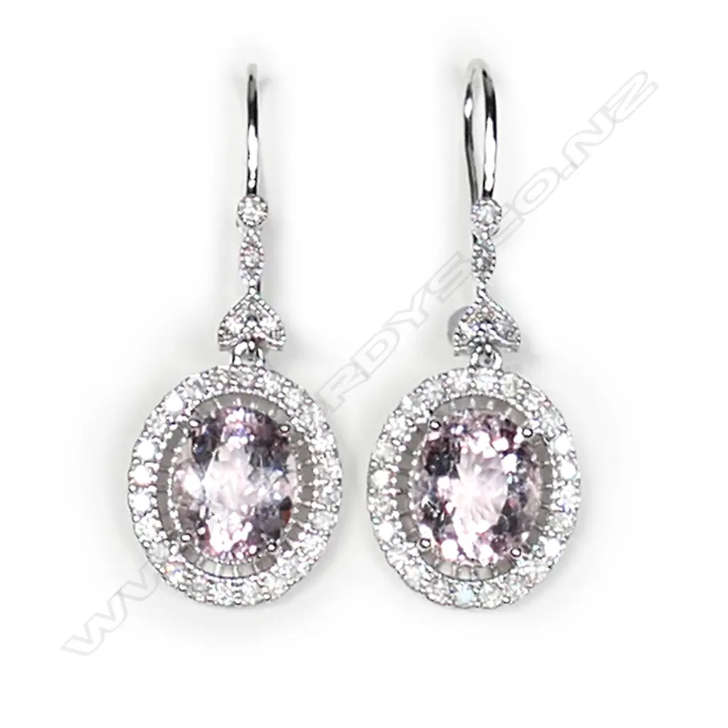 A pair of 14ct white gold morganite and diamond antique style halo drop earrings Image 1++