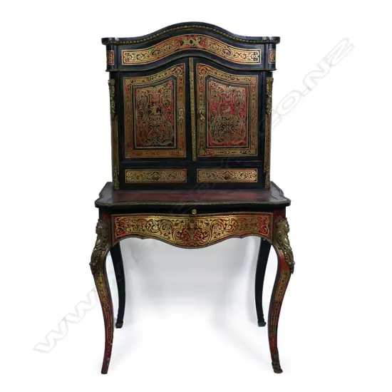 A 19thC French red tortoiseshell and cut brass Boulle marquetry bonheur du jour