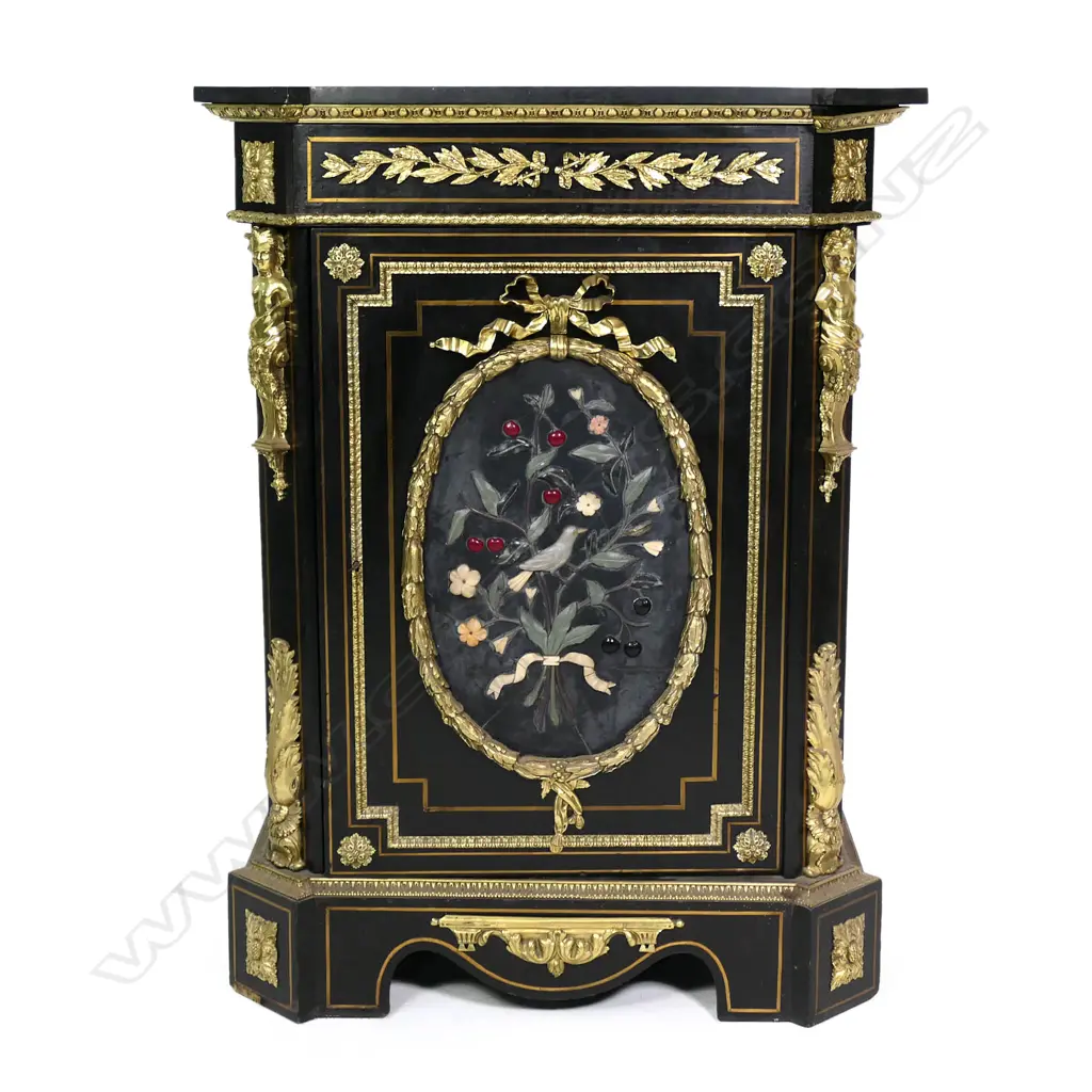 An impressive 19thC French ebonised and pietra dura pier cabinet Image 1++