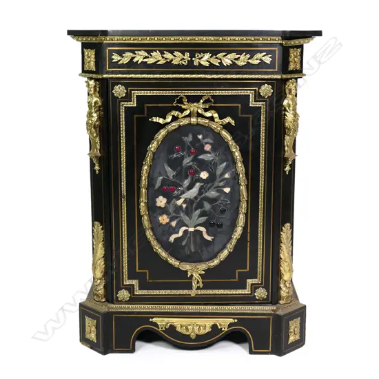 An impressive 19thC French ebonised and pietra dura pier cabinet