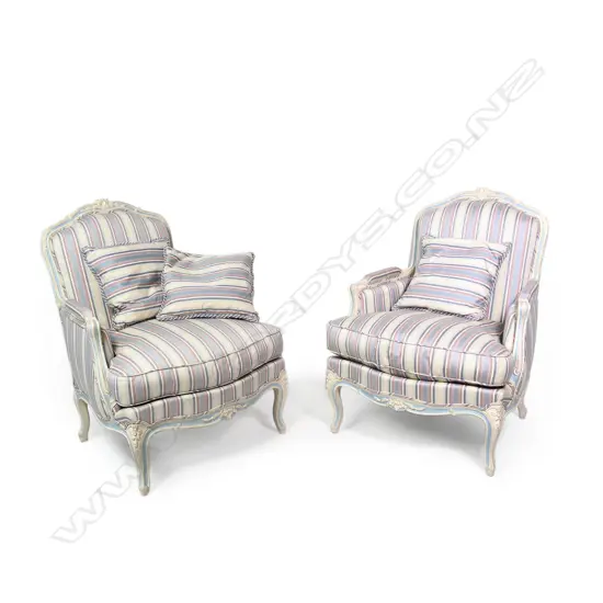 A pair of contemporary French Louis XV-style bergères gondole by Balzarotti of Paris