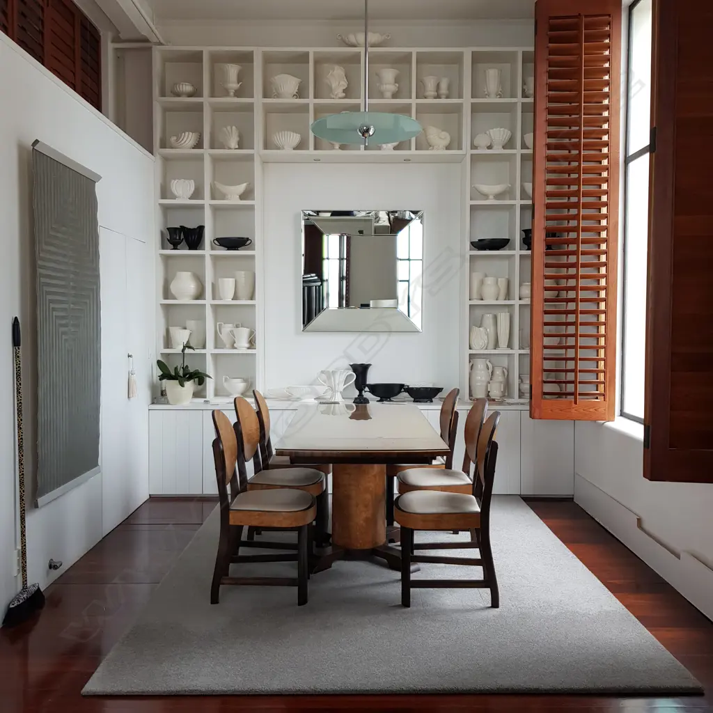 An Art Deco walnut and maple dining suite with six chairs Image 1++