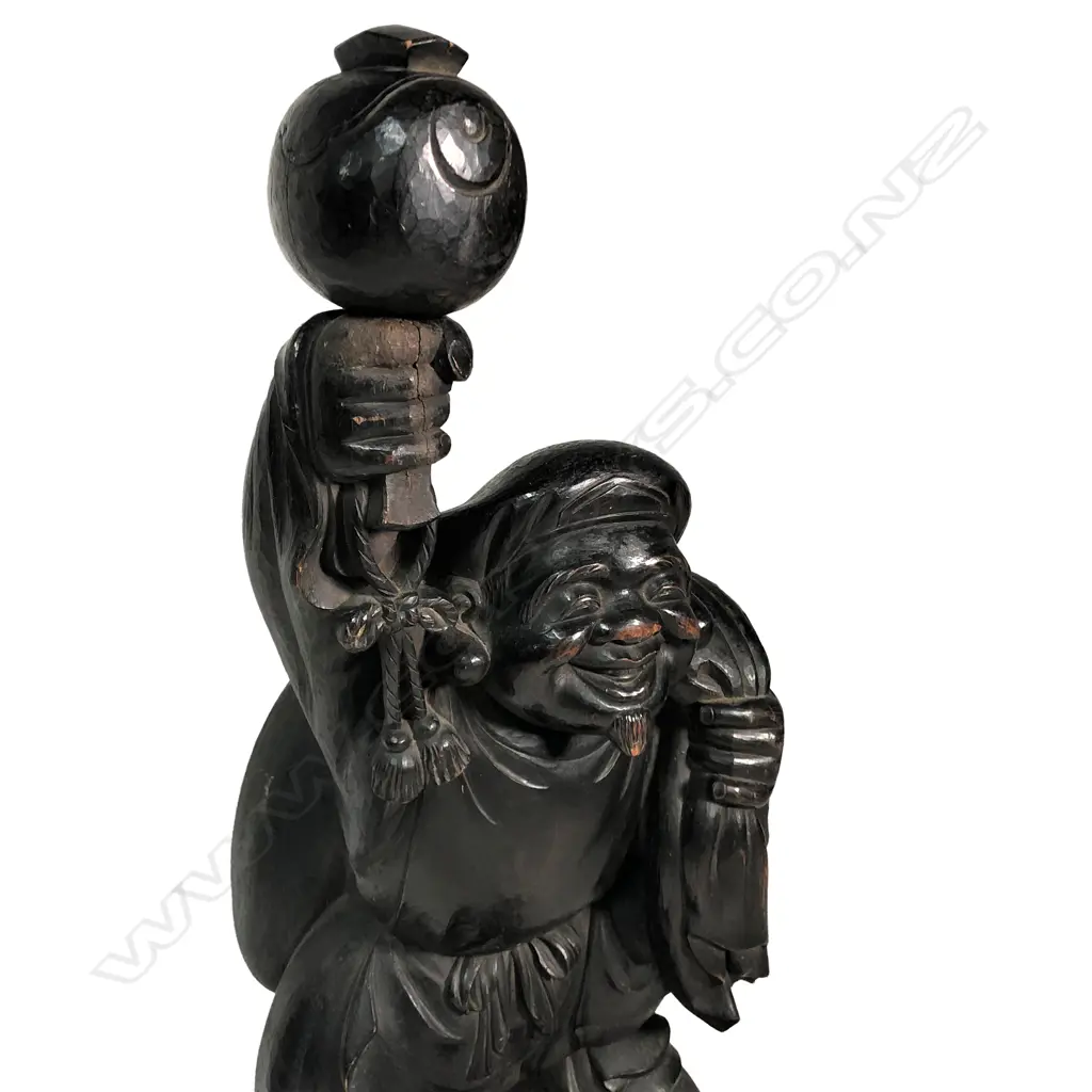 A large and impressive Japanese Edo period carved wood sculpture of Daikoku Image 1++