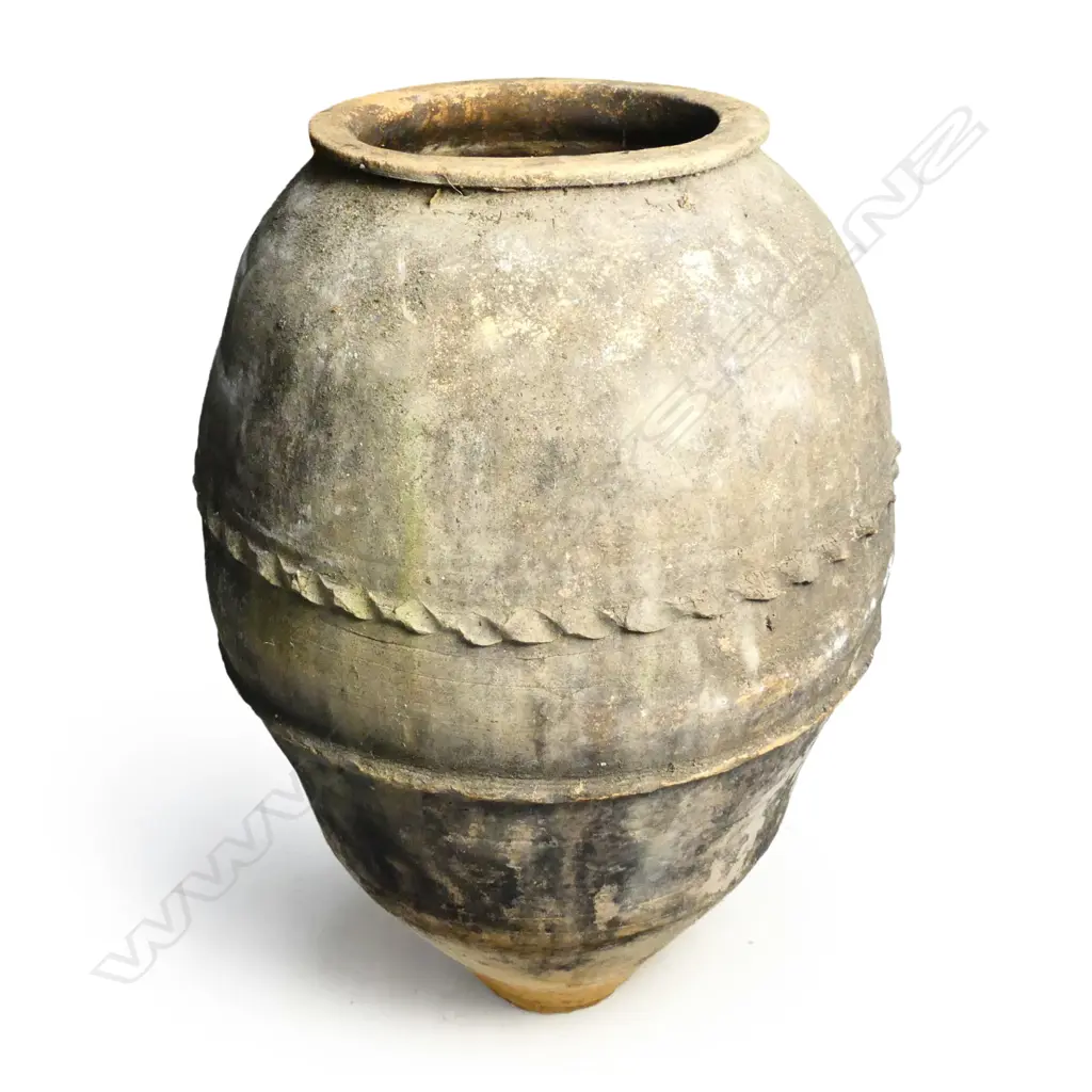 An old European terracotta tall olive oil storage jar Image 1++