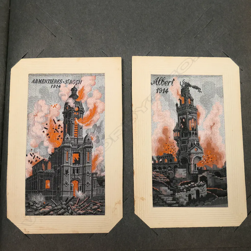 An early 20thC postcard album, with one hundred and twenty-four silk post cards, including many from WWI, souvenir, greetings and good luck cards, all in good condition. Image 1++