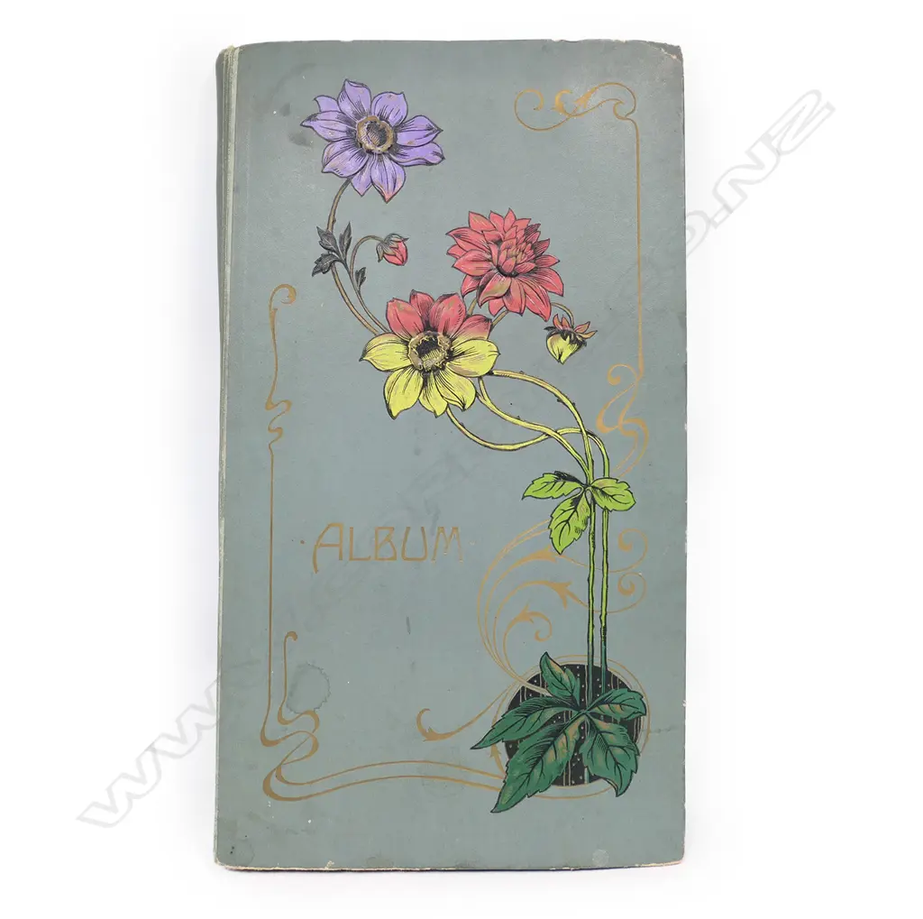 An Art Nouveau postcard album, containing two hundred and eighteen vintage humorous postcards with a few Victorian and Edwardian romantic and travel postcards. Image 1++