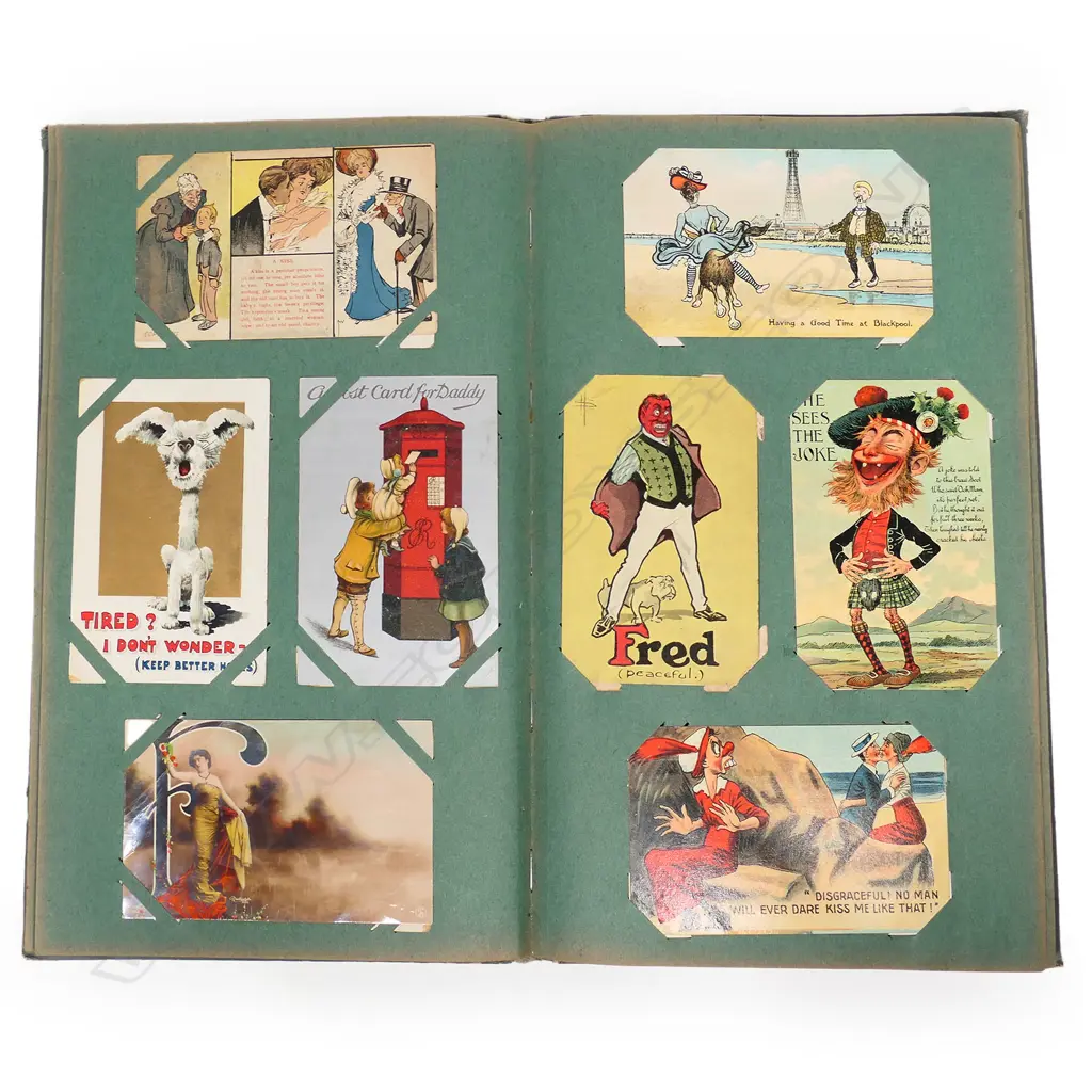 An Art Nouveau postcard album, containing two hundred and eighteen vintage humorous postcards with a few Victorian and Edwardian romantic and travel postcards. Image 1++