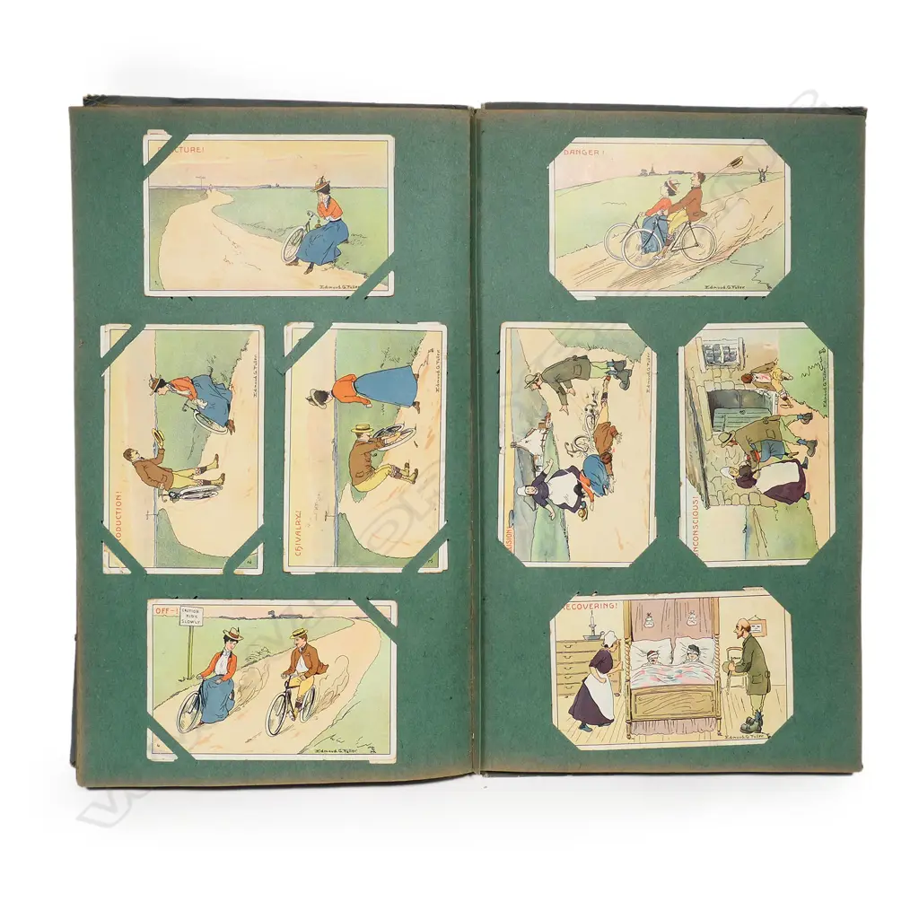 An Art Nouveau postcard album, containing two hundred and eighteen vintage humorous postcards with a few Victorian and Edwardian romantic and travel postcards. Image 1++