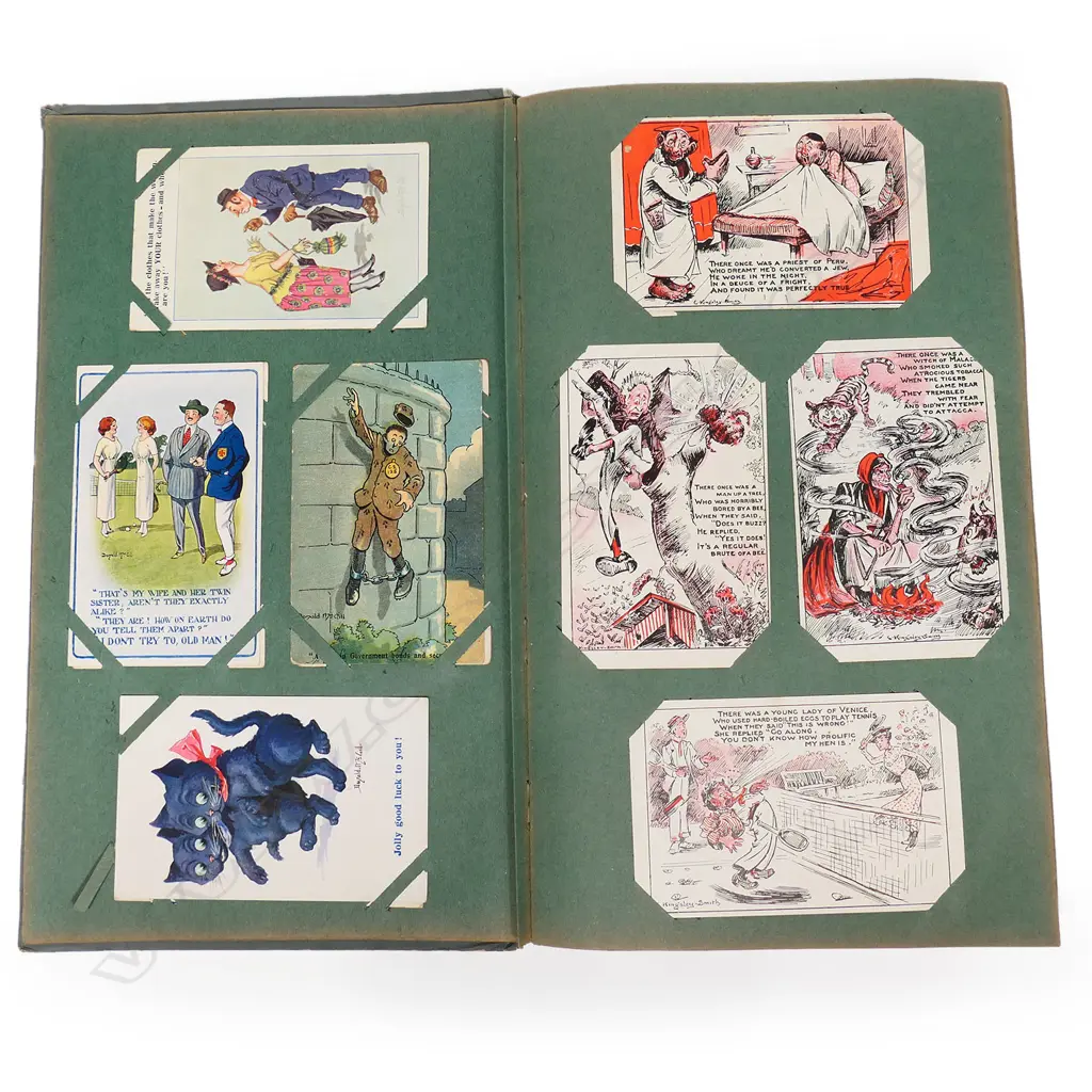 An Art Nouveau postcard album, containing two hundred and eighteen vintage humorous postcards with a few Victorian and Edwardian romantic and travel postcards. Image 1++