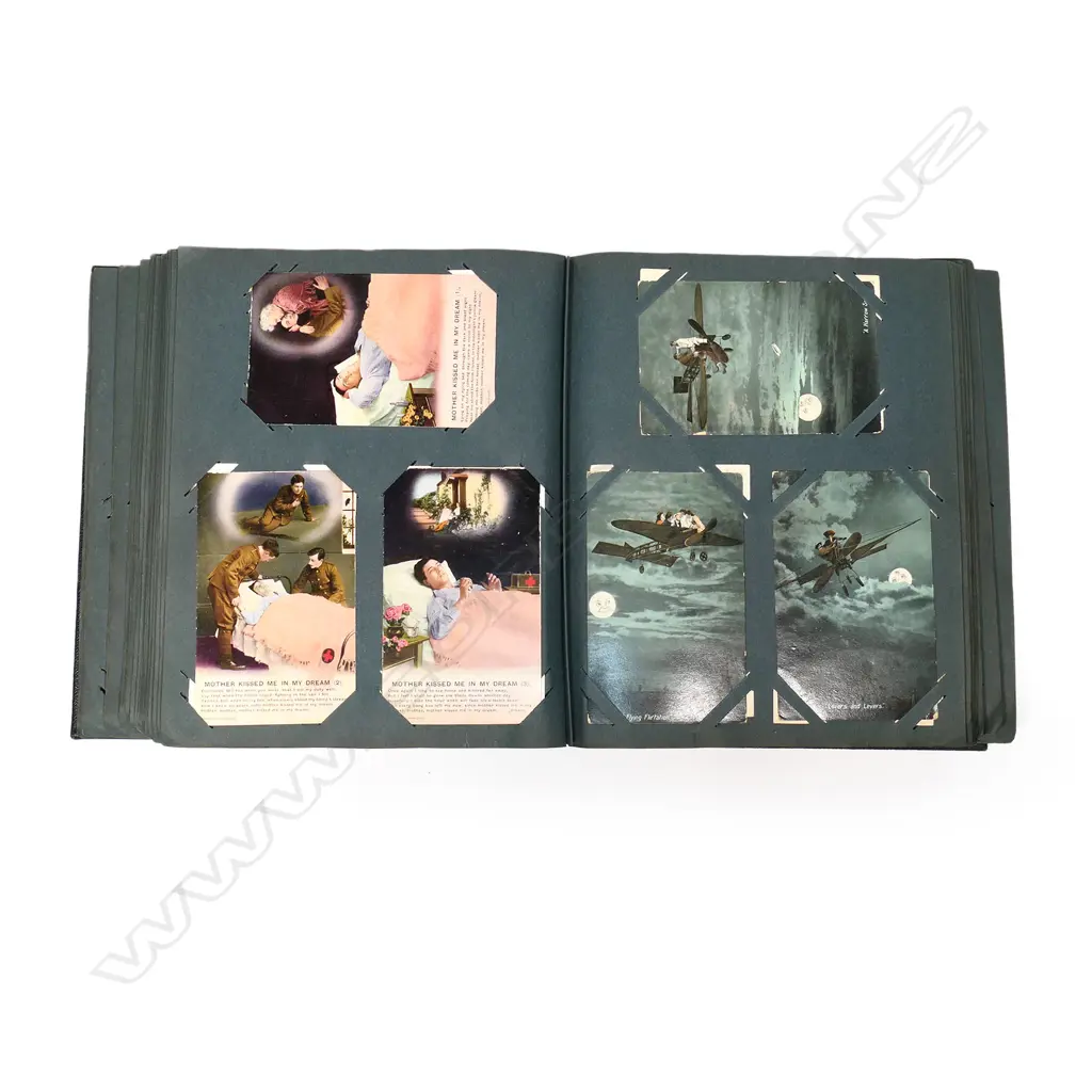 An Edwardian postcard album, containing two hundred and sixty-five postcards, including forty-one Bruce Bairnsfather 'Fragments from France' cards plus other WWI cards, vintage souvenir, travel, humorous, greetings and Japanese cards. Image 1++