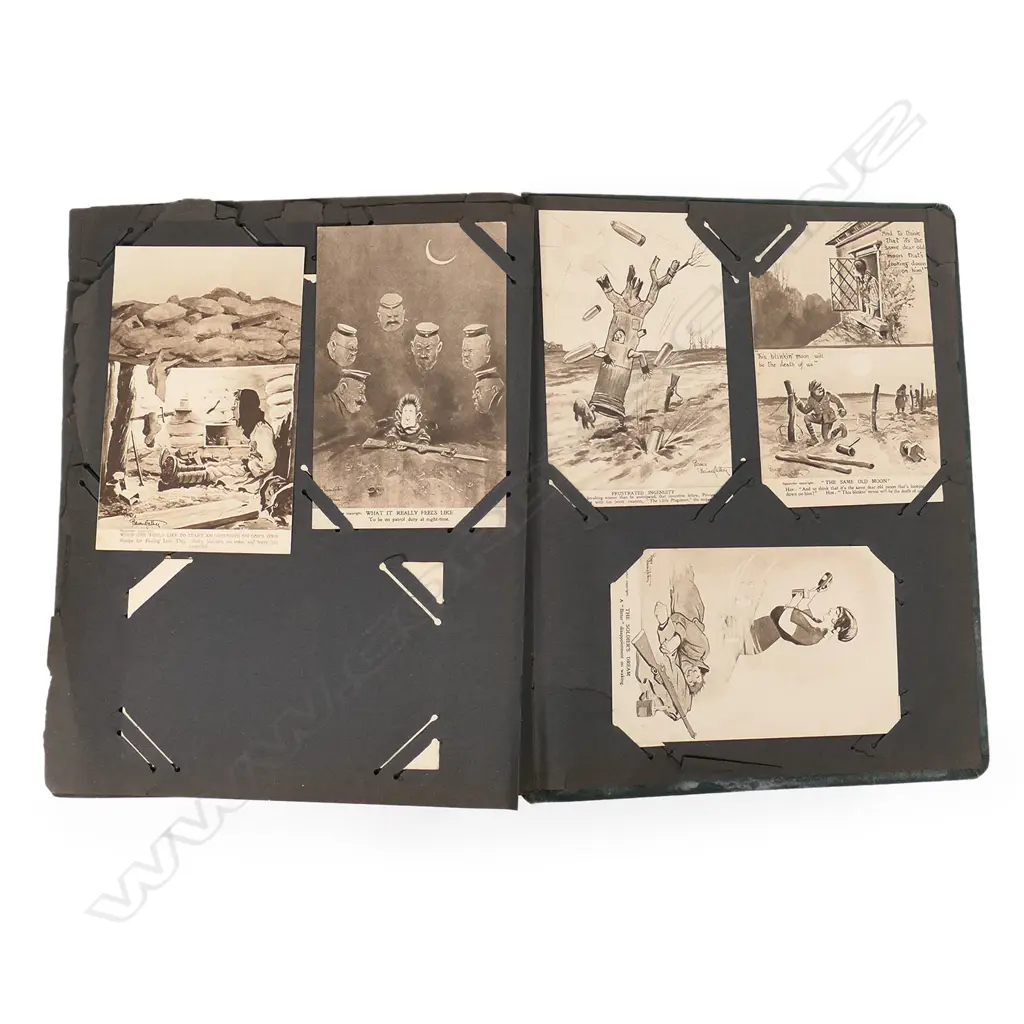 A vintage postcard album, contains four hundred and ninety-four posts including Bruce Bairnsfather, Mabel Lucie Attwell, early NZ, Māori and Anzac photo cards, travel cards, Asti beauties and cards with Polynesian stamps. Image 1++