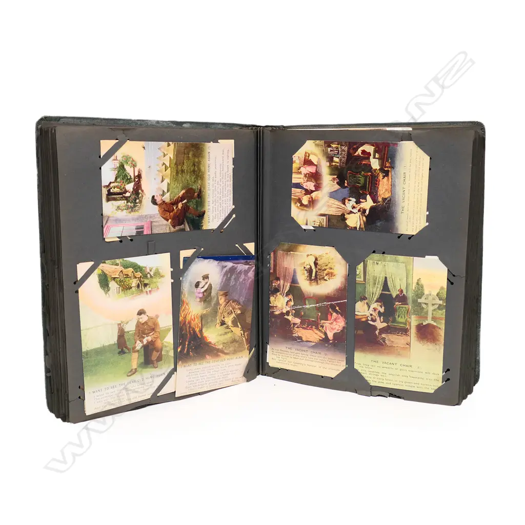 A vintage postcard album, contains four hundred and ninety-four posts including Bruce Bairnsfather, Mabel Lucie Attwell, early NZ, Māori and Anzac photo cards, travel cards, Asti beauties and cards with Polynesian stamps. Image 1++