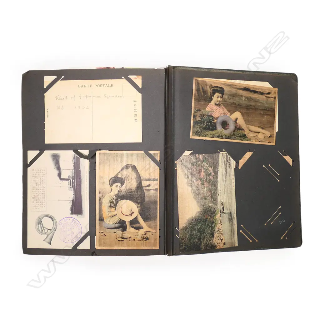 A vintage postcard album, contains four hundred and ninety-four posts including Bruce Bairnsfather, Mabel Lucie Attwell, early NZ, Māori and Anzac photo cards, travel cards, Asti beauties and cards with Polynesian stamps. Image 1++
