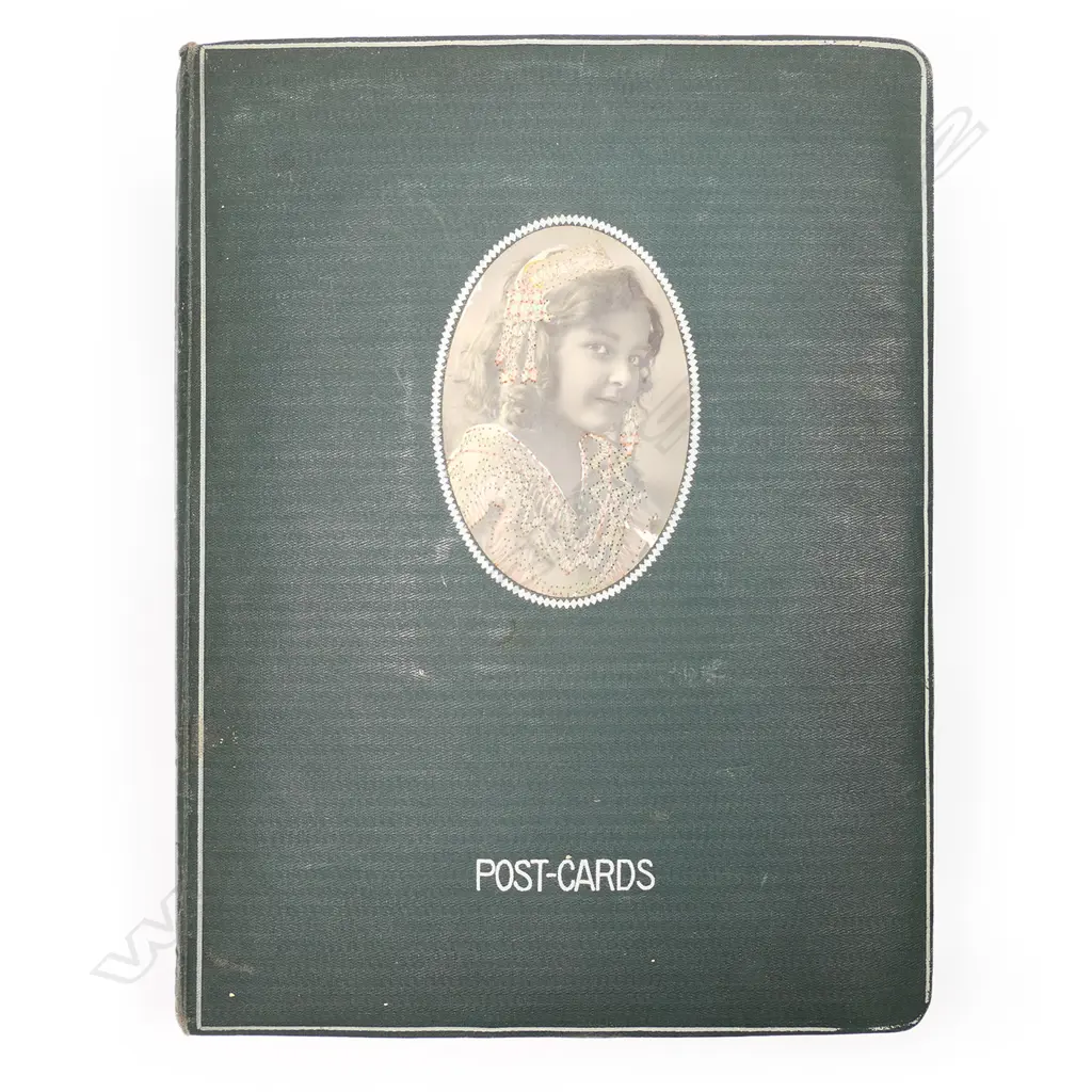 A vintage postcard album, contains four hundred and ninety-four posts including Bruce Bairnsfather, Mabel Lucie Attwell, early NZ, Māori and Anzac photo cards, travel cards, Asti beauties and cards with Polynesian stamps. Image 1++