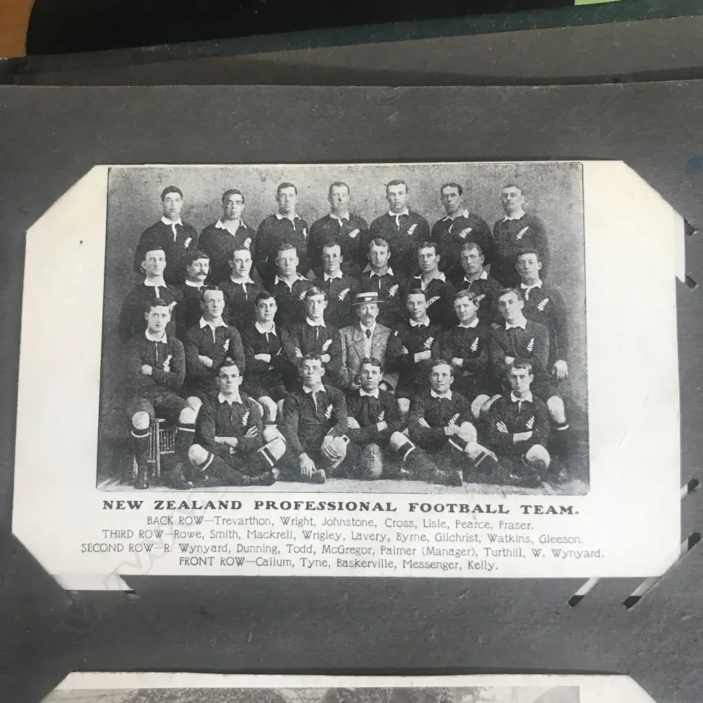 An Edwardian postcard album, contains two hundred and forty-one cards including Louis Wain, Mabel Lucie Attwell, various WWI cards, NZ rugby 1906, Māori rugby tour 1926, greetings cards, etc. Image 1++