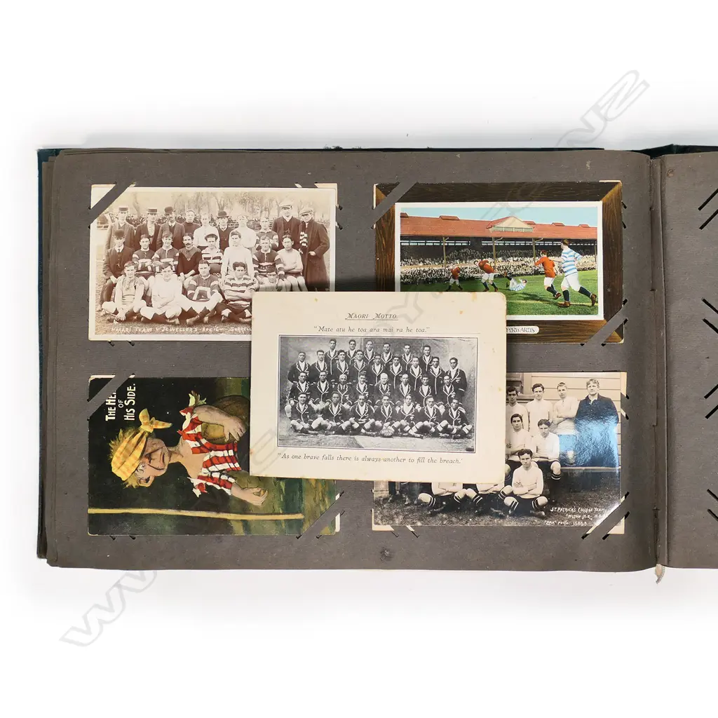 An Edwardian postcard album, contains two hundred and forty-one cards including Louis Wain, Mabel Lucie Attwell, various WWI cards, NZ rugby 1906, Māori rugby tour 1926, greetings cards, etc. Image 1++