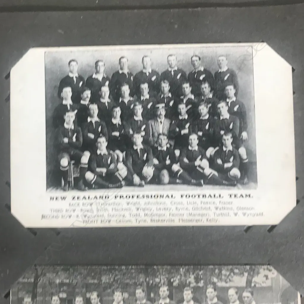 An Edwardian postcard album, contains two hundred and forty-one cards including Louis Wain, Mabel Lucie Attwell, various WWI cards, NZ rugby 1906, Māori rugby tour 1926, greetings cards, etc. Image 1++