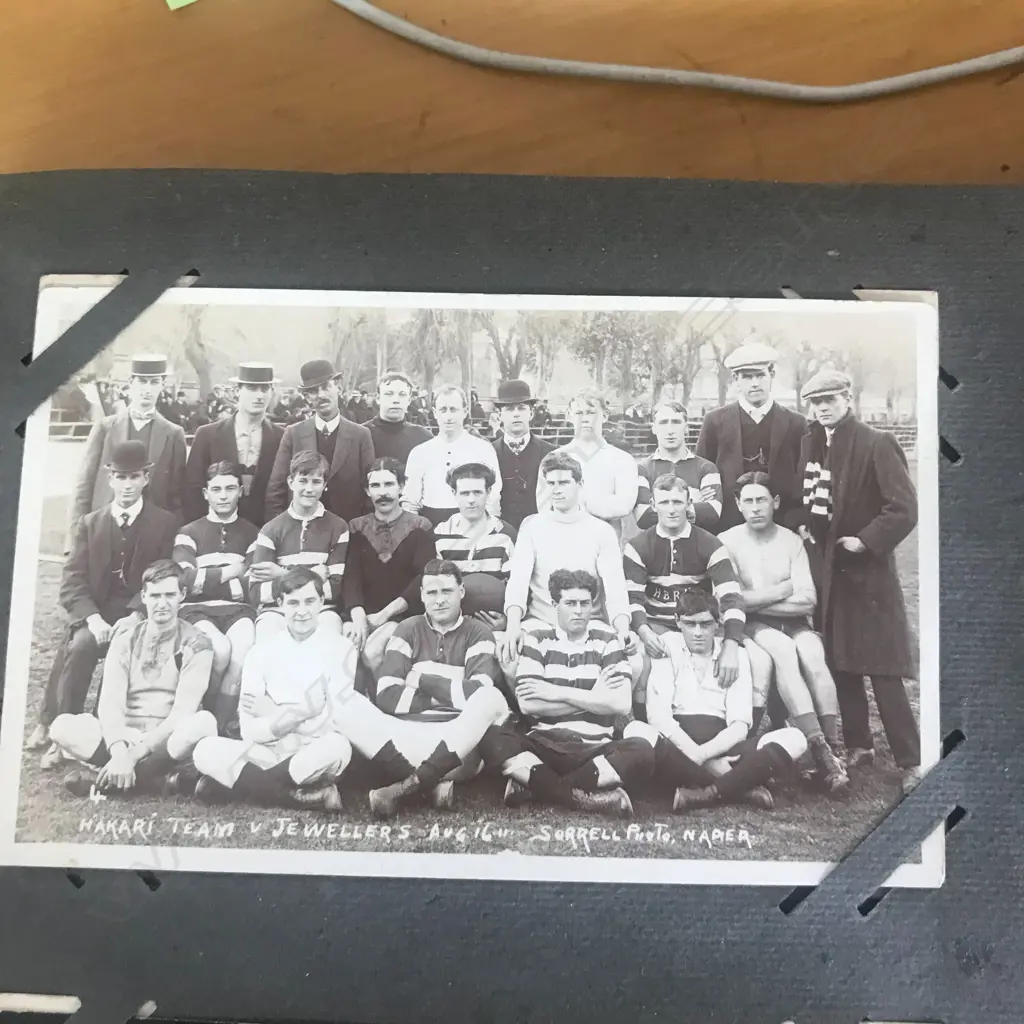 An Edwardian postcard album, contains two hundred and forty-one cards including Louis Wain, Mabel Lucie Attwell, various WWI cards, NZ rugby 1906, Māori rugby tour 1926, greetings cards, etc. Image 1++