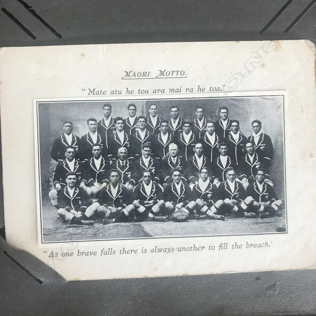 An Edwardian postcard album, contains two hundred and forty-one cards including Louis Wain, Mabel Lucie Attwell, various WWI cards, NZ rugby 1906, Māori rugby tour 1926, greetings cards, etc. Image 1++