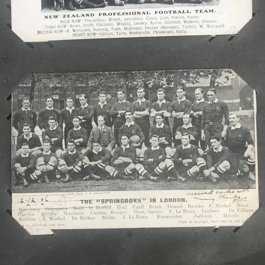 An Edwardian postcard album, contains two hundred and forty-one cards including Louis Wain, Mabel Lucie Attwell, various WWI cards, NZ rugby 1906, Māori rugby tour 1926, greetings cards, etc. Image 1++