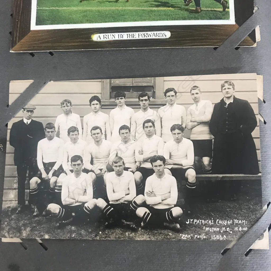 An Edwardian postcard album, contains two hundred and forty-one cards including Louis Wain, Mabel Lucie Attwell, various WWI cards, NZ rugby 1906, Māori rugby tour 1926, greetings cards, etc. Image 1++