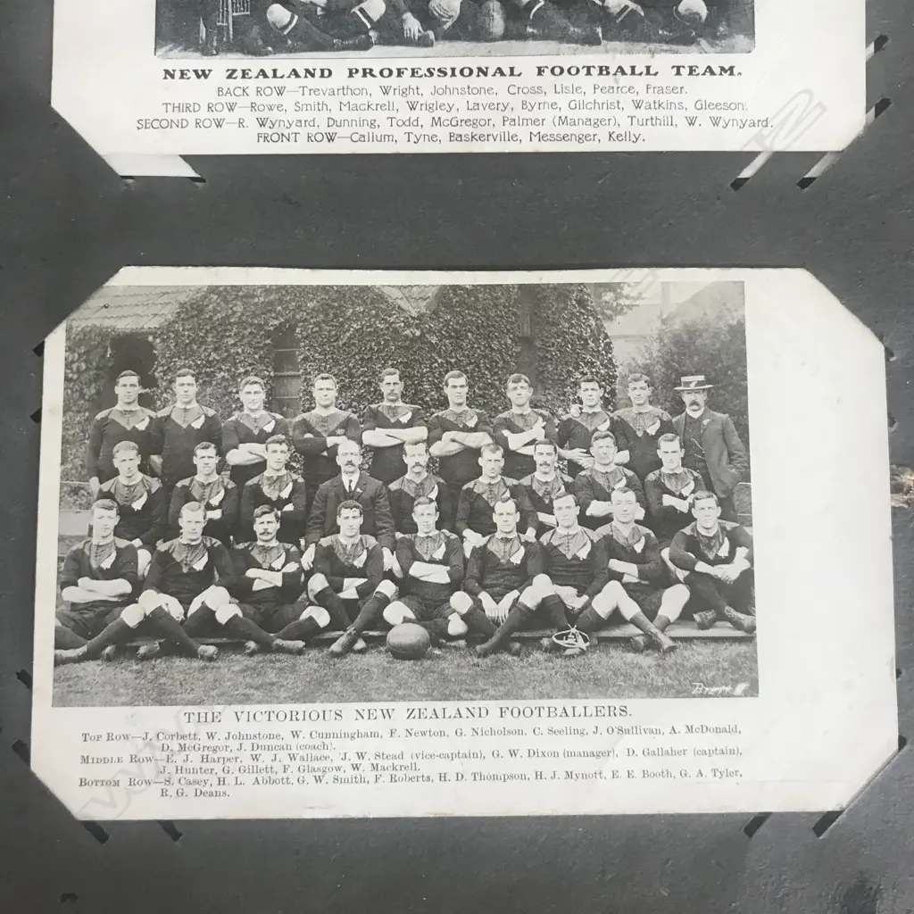 An Edwardian postcard album, contains two hundred and forty-one cards including Louis Wain, Mabel Lucie Attwell, various WWI cards, NZ rugby 1906, Māori rugby tour 1926, greetings cards, etc. Image 1++