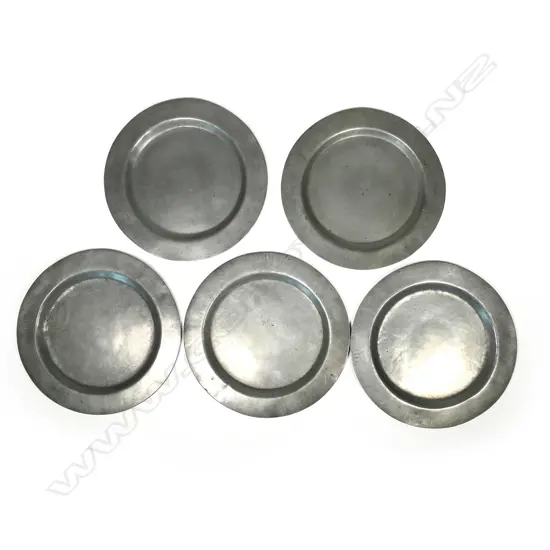 A set of five 19thC pewter plates, each with sailing ship touch mark. Dia.250mm