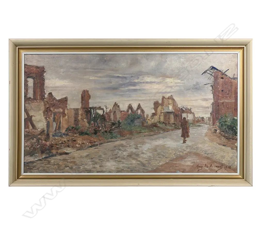 August AUDENAERT (Belgian 1842-1953), Untitled WWI ruins scene with soldier, oil on board, signed and dated 1918, 335 x 600mm. Image 1++