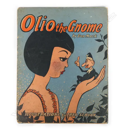 The book 'Olio the Gnome' by Don Mack with illustrations by Theo Schoon, printed in Wellington 1942 (war period). A rare NZ children's title. Text in green. Named in ink by child owner to inside front cover some foxing. Some drawing by child to back cover