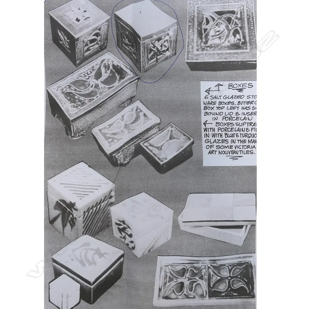 Warren Tippett large salt glazed square lidded box, rich dark brown with abstract pierced cut side panels with blue/green glaze. 210 x 210 x 220mm. Illustrated NZ Potter 1979, copy enclosed. Image 1++