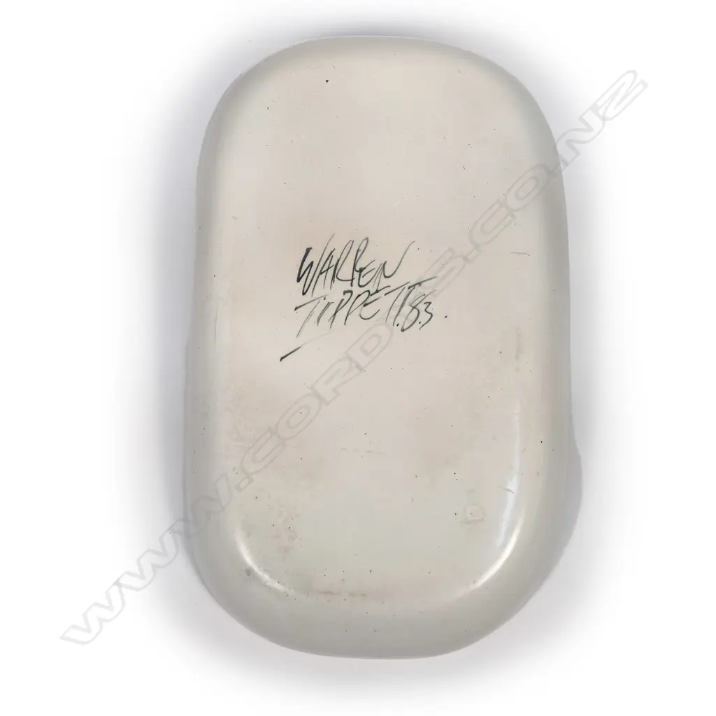 Warren Tippett rectangular dish, abstract blue and yellow zig-zag decoration on black ground with S-scroll and lineal decoration. Signed and dated '83. 317 x 195mm Image 1++