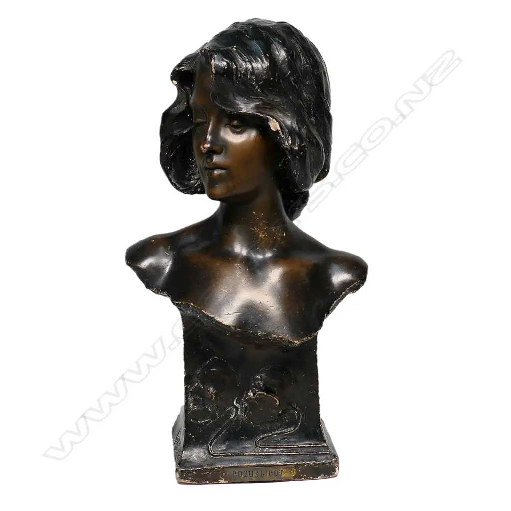 A French Art Nouveau pottery bust of a young woman, titled ‘Coquelicot', signed 'Gaseau', Image 1++