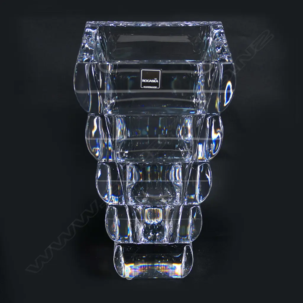 Rogaska crystal tapered modernist vase, with five optical curving bands. Engraved makers mark and paper label. H.250mm. Image 1++