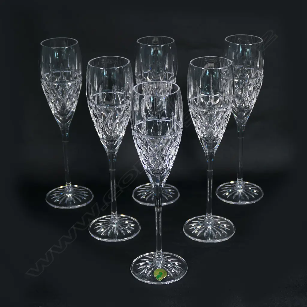 A set of six Waterford crystal champagne glasses, etched marks. Half diamond cut. Image 1++