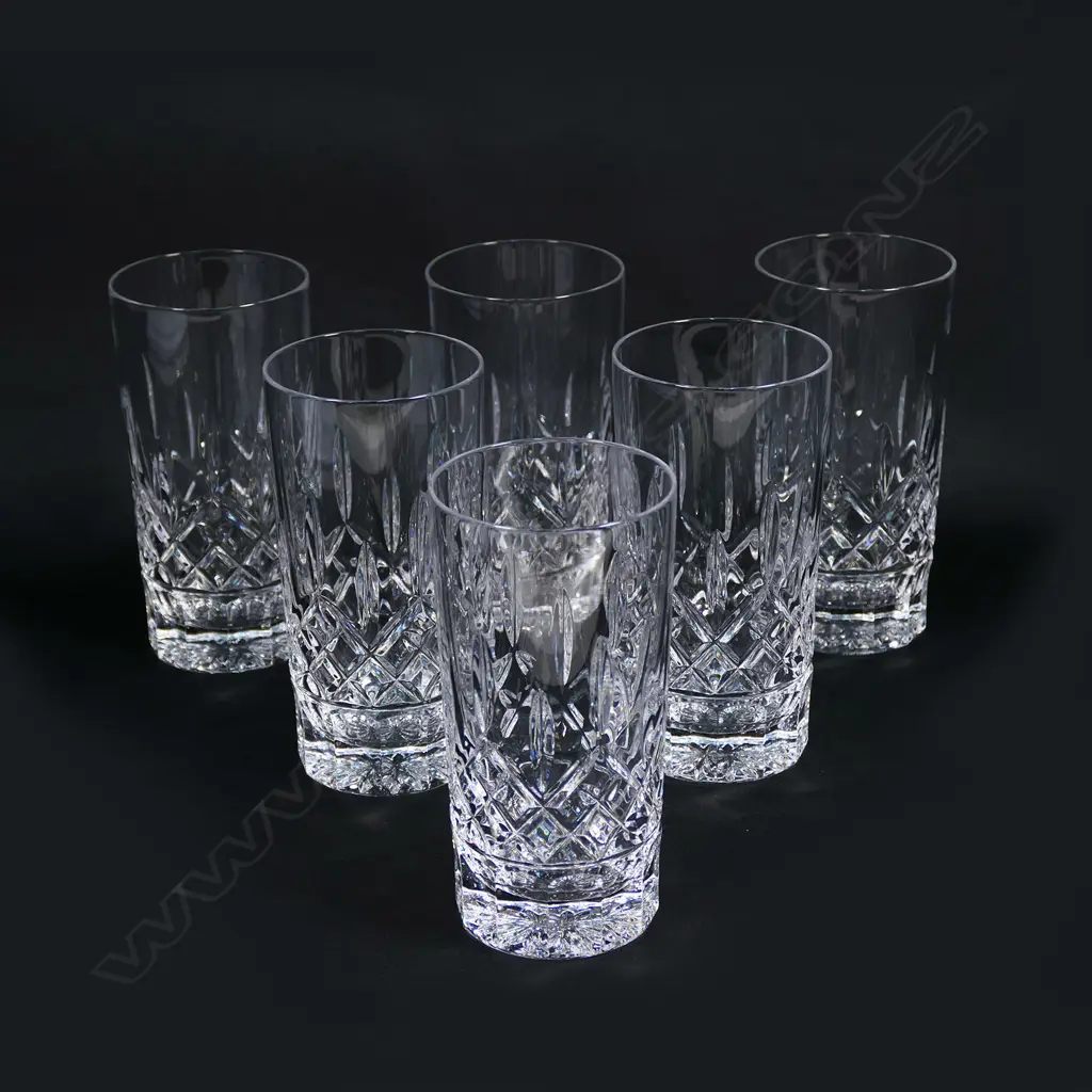Waterford crystal set of six Lismore hi ball glasses, faceted base, etched mark. H.142mm. Image 1++