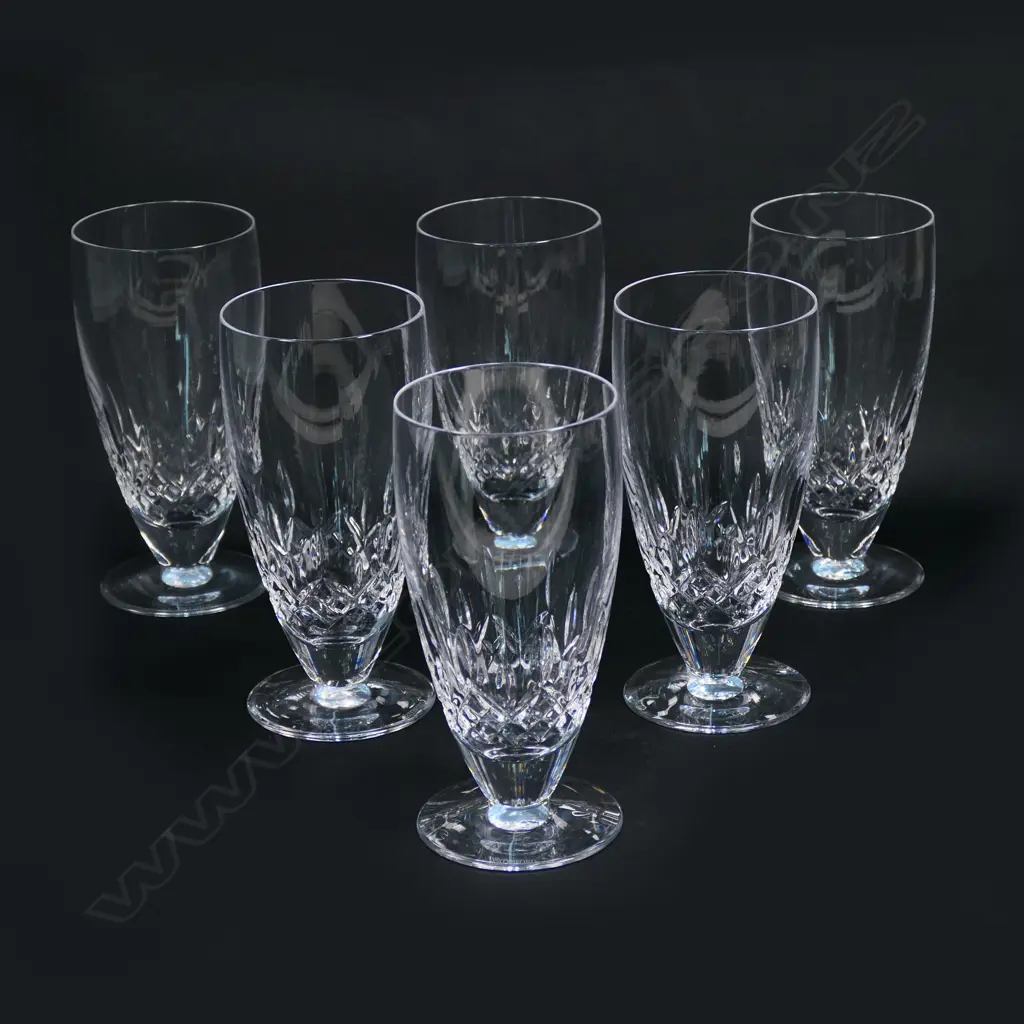 Waterford crystal set of six Lismore iced beverage/beer glasses, tapered base, etched mark. H.162mm. Image 1++