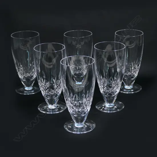 Waterford crystal set of six Lismore iced beverage/beer glasses, tapered base, etched mark. H.162mm.