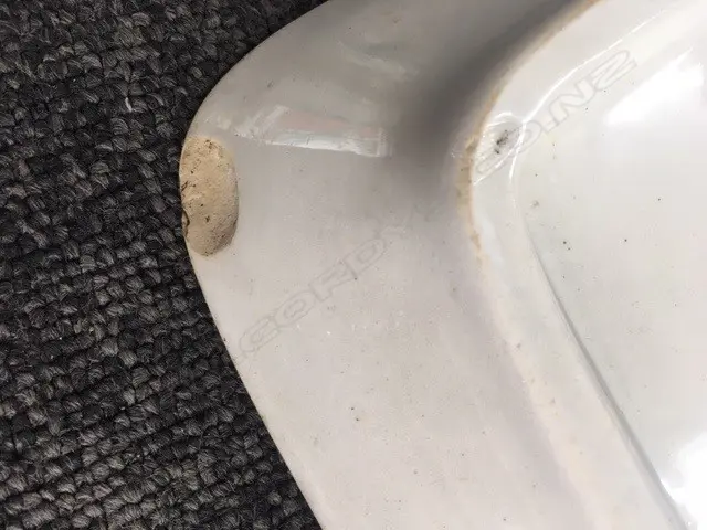 An early 20thC grocery shop glazed porcelain scales platter, oblong slightly dished, printed with shopfitters advertising decal. 375 x 280mm. Old chip to base. Image 1++