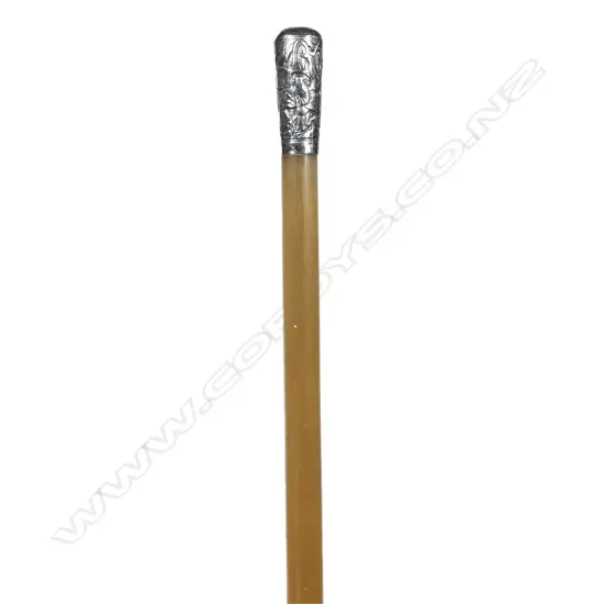 A rare Chinese silver mounted and horn swagger stick, the handled embossed with fingers in a landscape, the mildly tapered horn stick showing semi translucent properties. L.778mm.