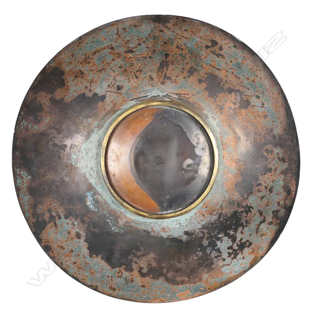 A Japanese Meiji period mixed metals plate, depicting a night-time cormorant fisher. Patination required. Engraved trademark for Nogawa workshops, Kyoto. Dia.305mm Image 1++