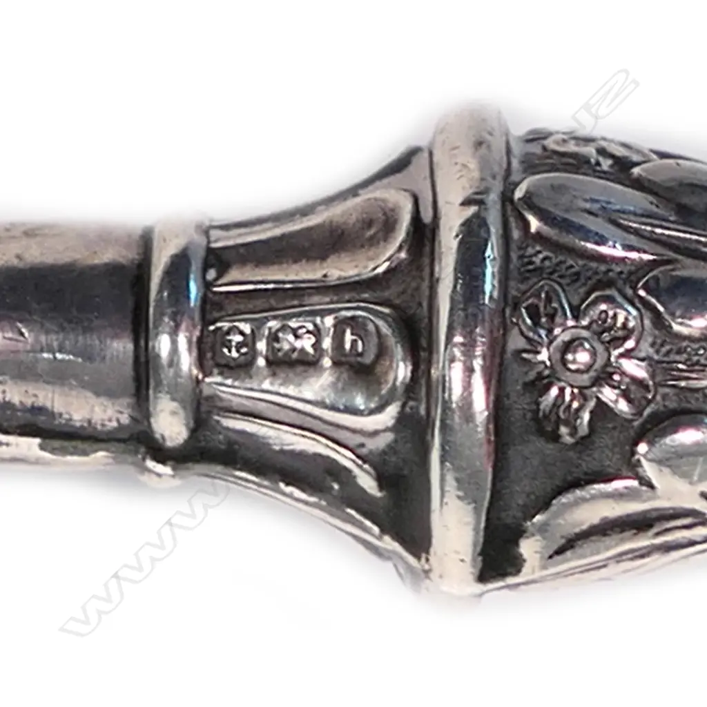 An uncommon Edwardian silver dog handled boot hook, the pug type dog with glass eyes, with collar and leafy and floral bands, steel shaft. L.230mm. Birmingham 1907, by Crisford & Norris Ltd. Minor faults consistent with age. Image 1++