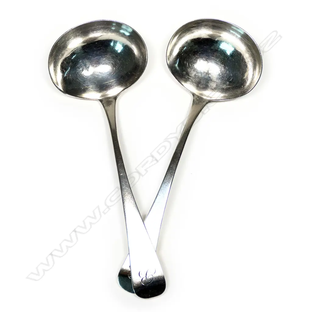 A pair of Geo III silver sauce ladles, Old English pattern, monogrammed, London 1809 by Solomon Hougham. 100gm Image 1++