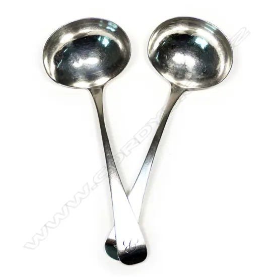 A pair of Geo III silver sauce ladles, Old English pattern, monogrammed, London 1809 by Solomon Hougham. 100gm