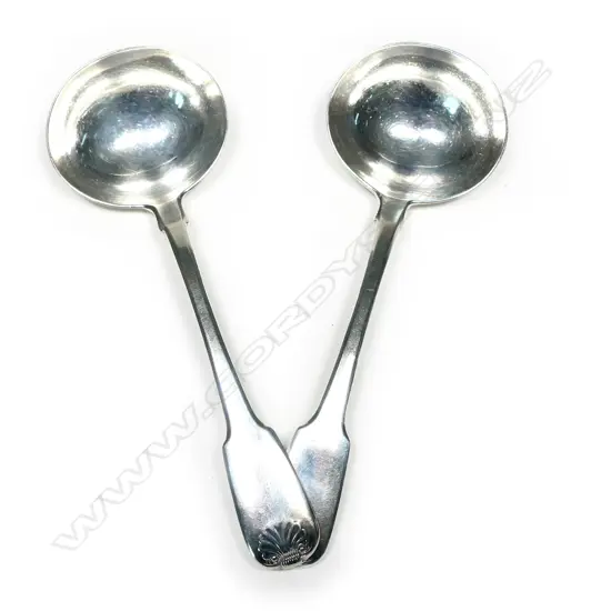 A pair of Geo III silver sauce ladles, fiddle and shell pattern. London 1819 by Solomon Royes and John East Dix. 130gm