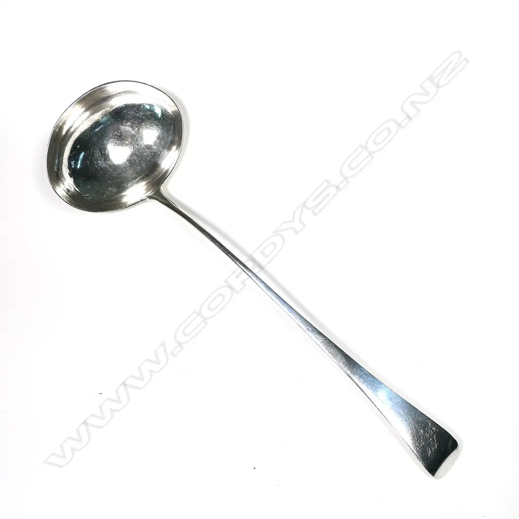 A Geo III silver soup ladle, Old English patten, script monogram. London 1796 by Solomon Hougham. 177gm Image 1++