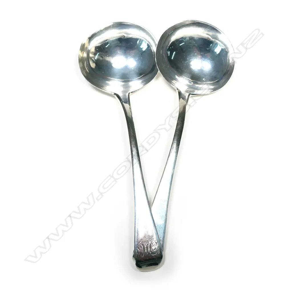 A pair of Geo III silver sauce ladles, Old English pattern, script monogram. London 1810 by Solomon Hougham. 100gm Image 1++