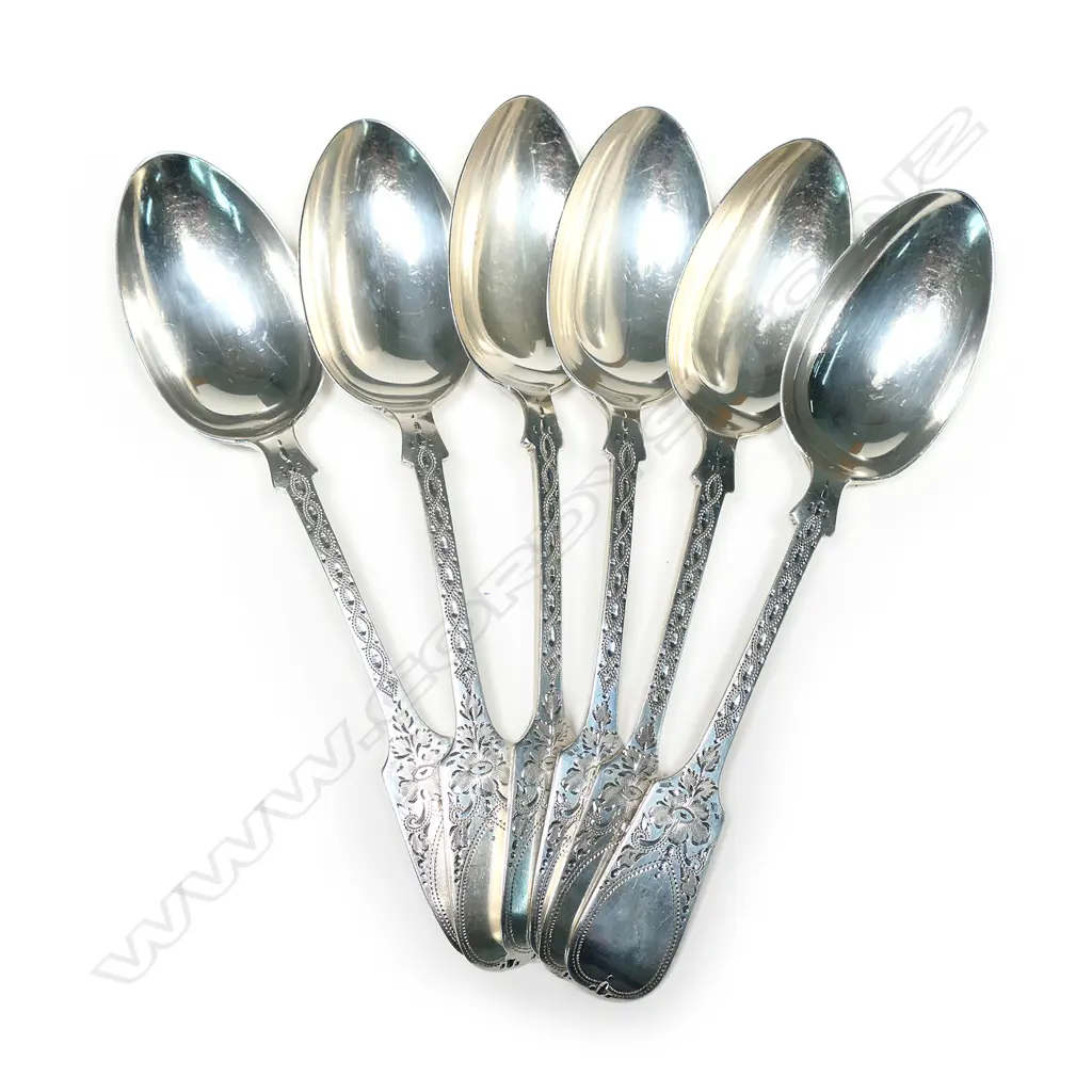 A set of six Edw. silver dessert spoons, fiddle pattern with bright cut decoration, London 1801 by Chas. T. Maine (of Jersey). 279gm Image 1++