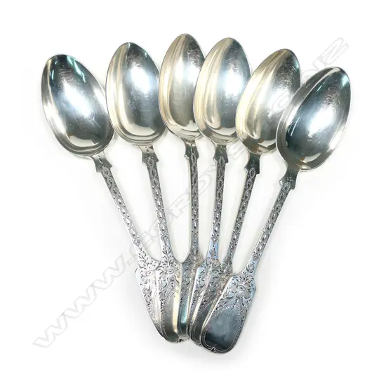 A set of six Edw. silver dessert spoons, fiddle pattern with bright cut decoration, London 1801 by Chas. T. Maine (of Jersey). 279gm