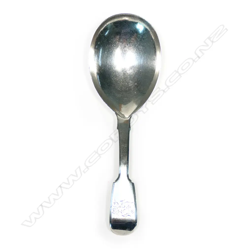 A Geo IV silver caddy spoon, Old English pattern with fig shaped bowl. London 1828 by Chas. Shipway. Image 1++
